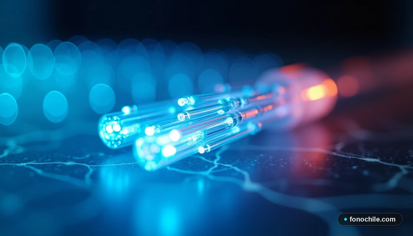 Primer plano macro de filamentos de fibra óptica iluminados con luz azul y cian sobre mármol oscuro.