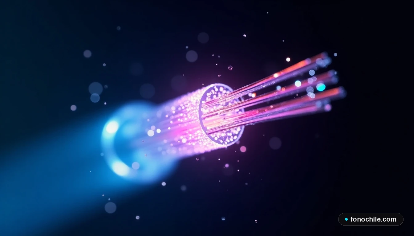 Detalle técnico de un cable de fibra óptica GTD, mostrando los hilos de vidrio iluminados que garantizan máxima velocidad y estabilidad.