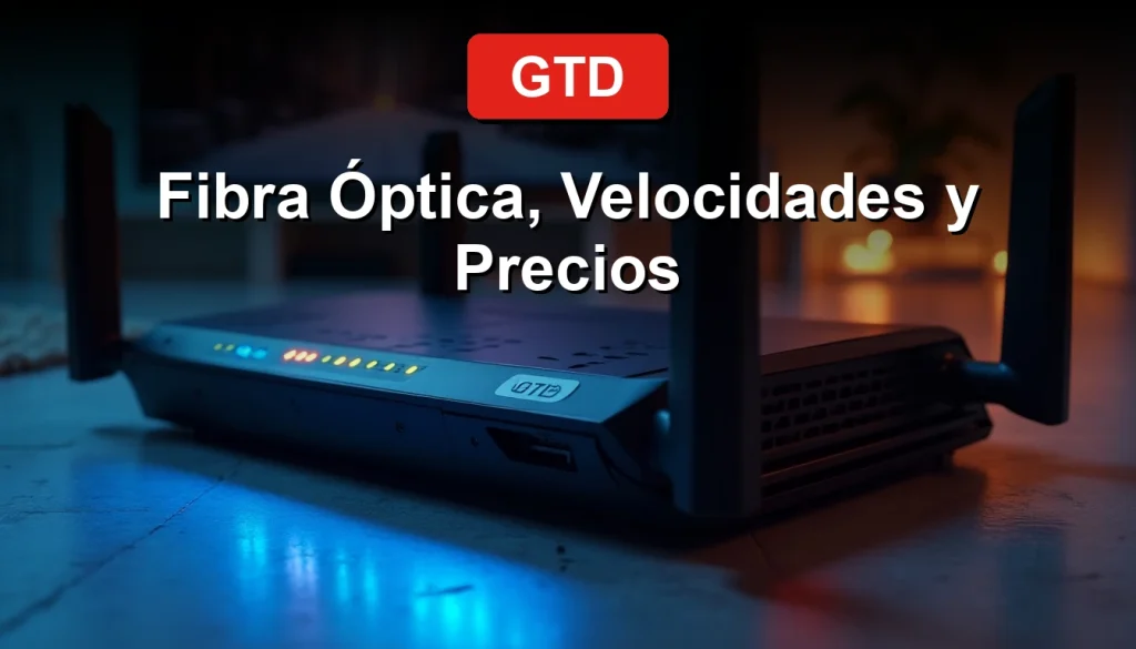 Un router moderno de GTD con luces LED azules y rojas, sobre una superficie de concreto gris, iluminado por una luz suave que resalta la textura y el diseño tecnológico.