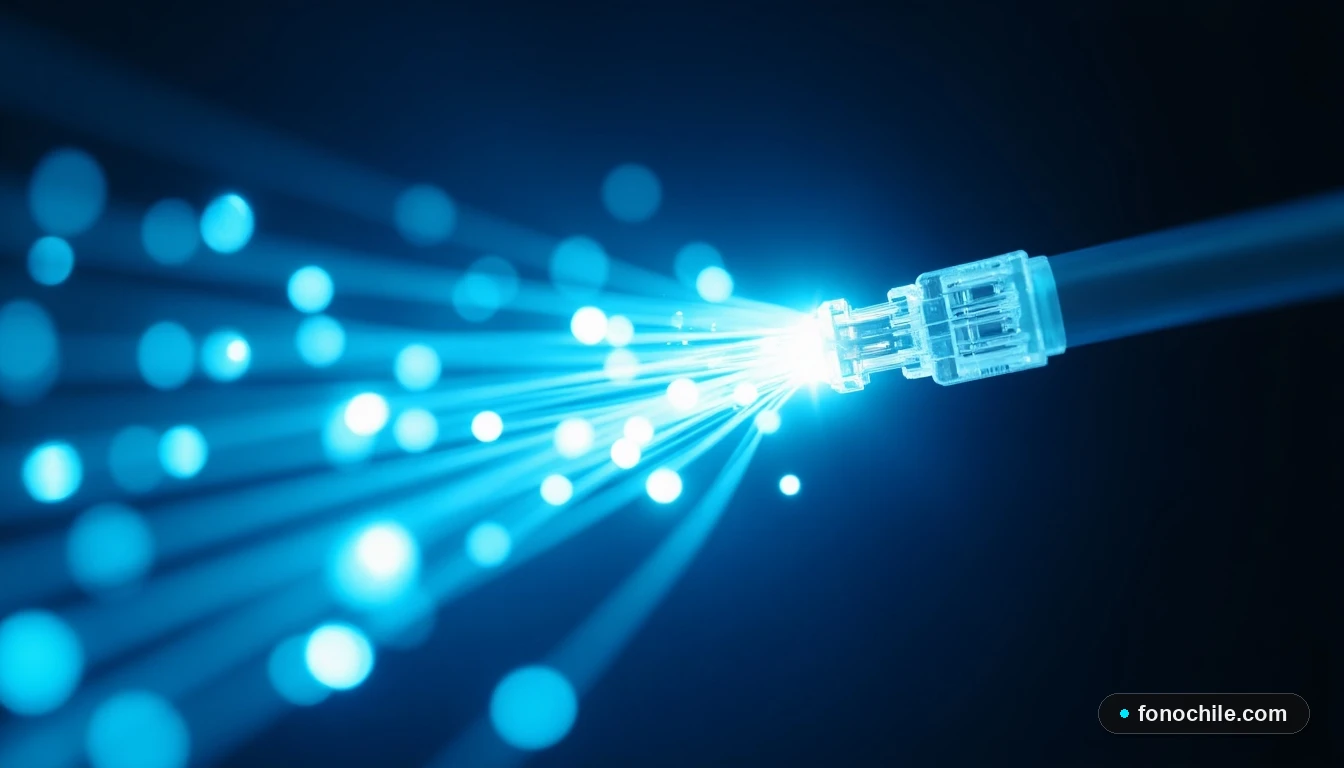 Detalle macro de cables de fibra óptica iluminados, representando alta velocidad y ancho de banda.