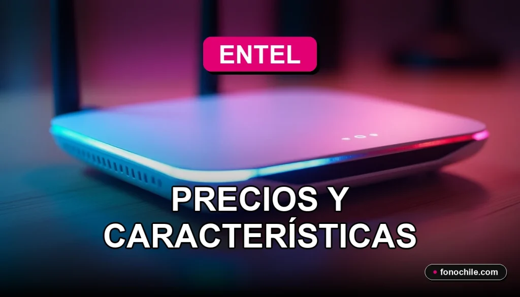 Moderno router inalámbrico Entel con luces LED azules y rosadas, sobre una mesa de madera clara con fondo desenfocado.