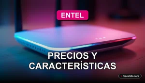 Moderno router inalámbrico Entel con luces LED azules y rosadas, sobre una mesa de madera clara con fondo desenfocado.