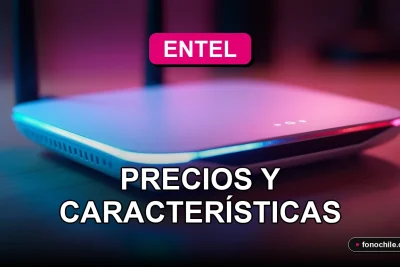 Moderno router inalámbrico Entel con luces LED azules y rosadas, sobre una mesa de madera clara con fondo desenfocado.