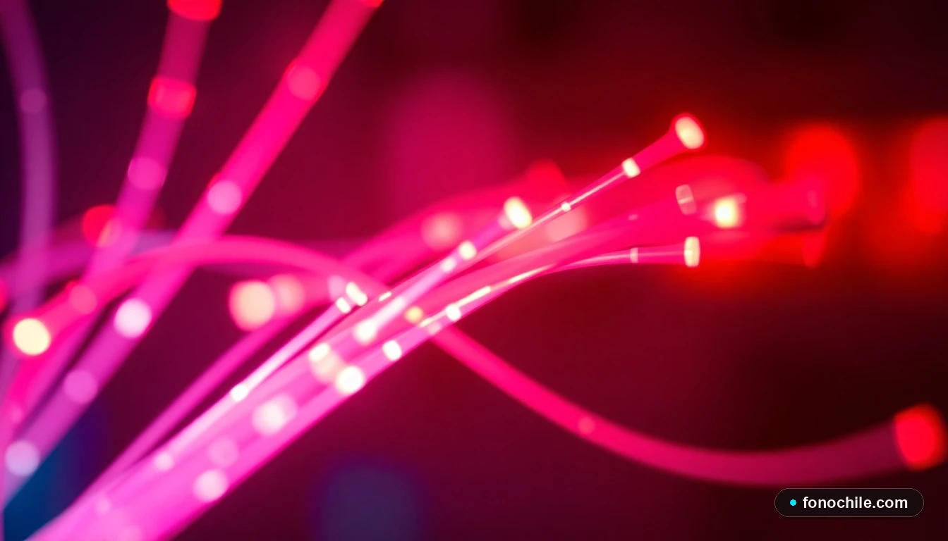 Primer plano abstracto de cables de fibra óptica iluminados, representando la velocidad y tecnología de red de Entel.