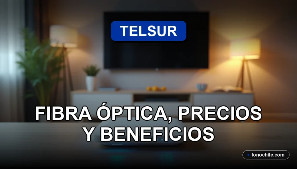 Moderno router de fibra óptica con luces LED azules, sobre una mesa de madera clara con fondo desenfocado de un salón contemporáneo.