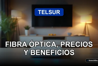 Moderno router de fibra óptica con luces LED azules, sobre una mesa de madera clara con fondo desenfocado de un salón contemporáneo.
