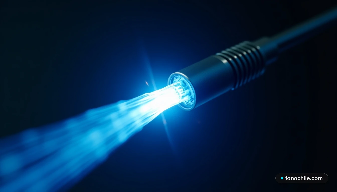 Primer plano extremo de un haz de cables de fibra óptica con su núcleo emitiendo un brillante haz de luz azul sobre fondo negro.