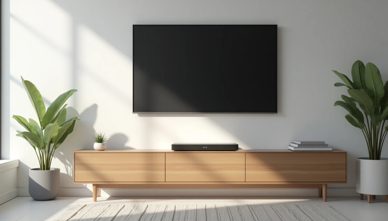 Configuración moderna de sala con televisor y router para internet y TV hogar de alta velocidad.