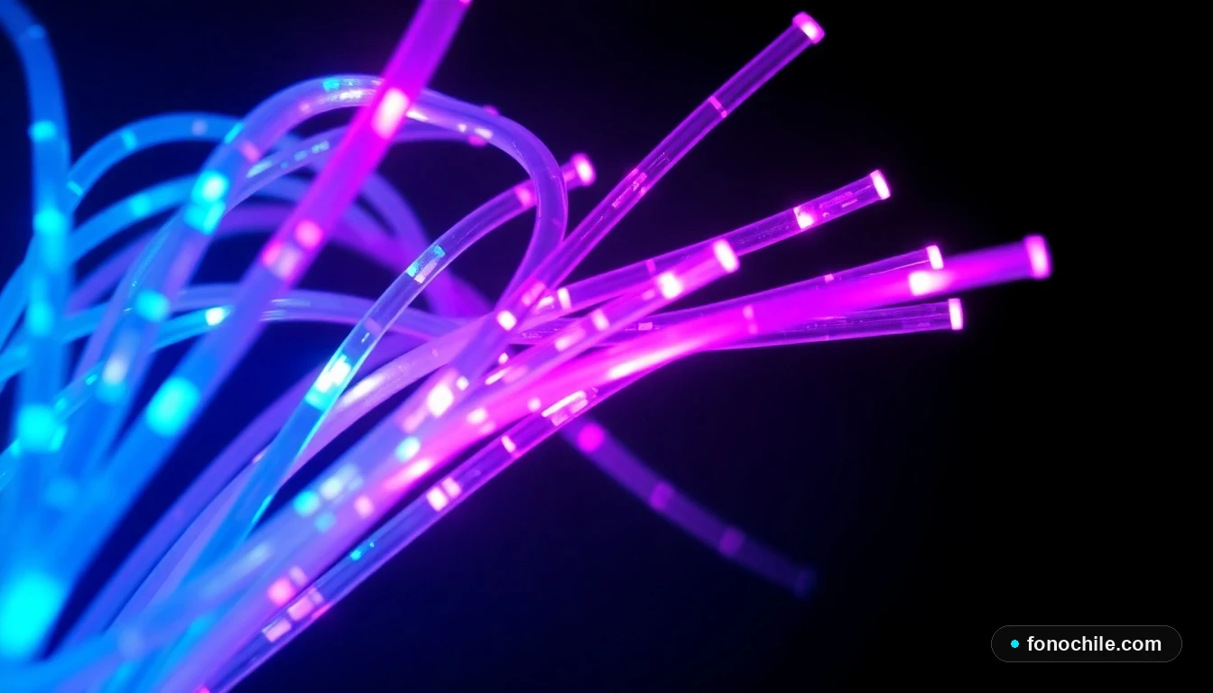 Primer plano abstracto de cables de fibra óptica iluminados, representando alta velocidad para Internet Hogar.