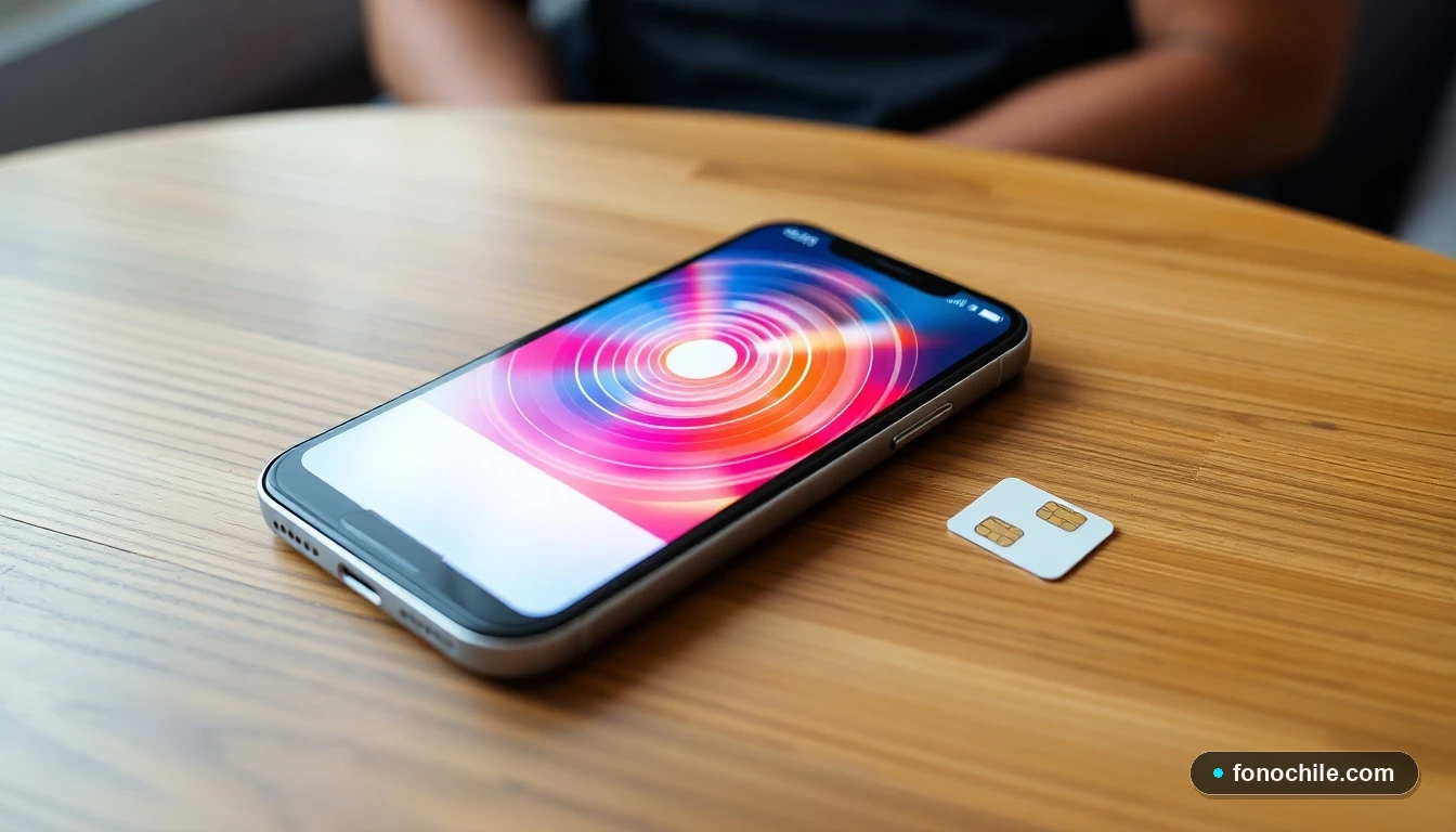 Smartphone mostrando gráficos de cobertura de red junto a una tarjeta SIM sobre una mesa de madera.