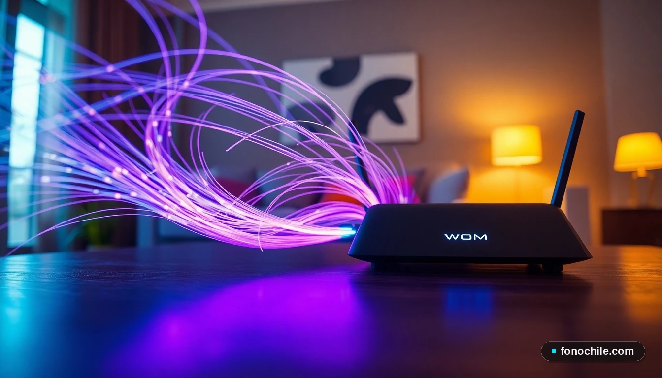 Primer plano de router WOM y conexión de fibra óptica con efectos de luz representando alta velocidad.