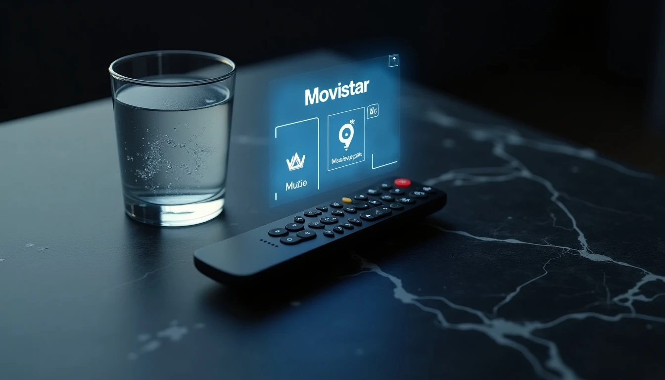 Disposición minimalista de control remoto y elementos que representan el entretenimiento de Movistar TV Hogar.