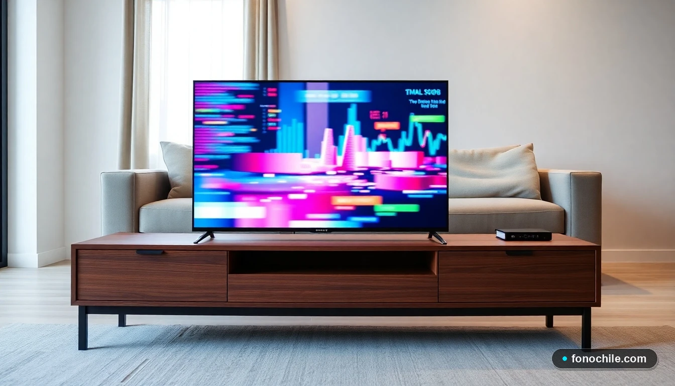 Pantalla de televisor inteligente mostrando gráficos de comparación de servicios de streaming en un living moderno.