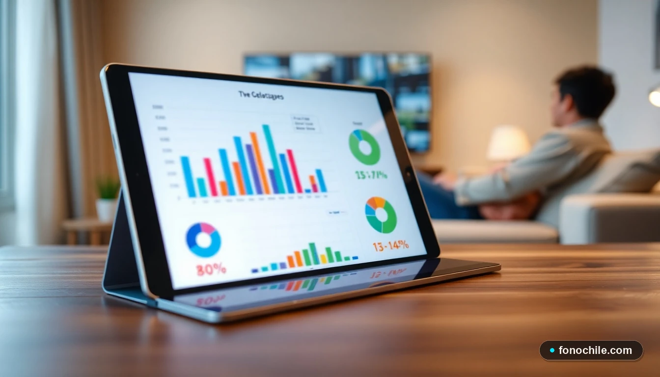 Gráfico comparativo abstracto de planes de televisión prepago en una tablet sobre una mesa de madera.