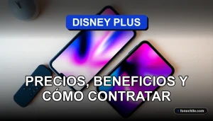 Un teléfono inteligente mostrando una interfaz de suscripción a Disney Plus en Chile, con gráficos de colores abstractos en la pantalla.