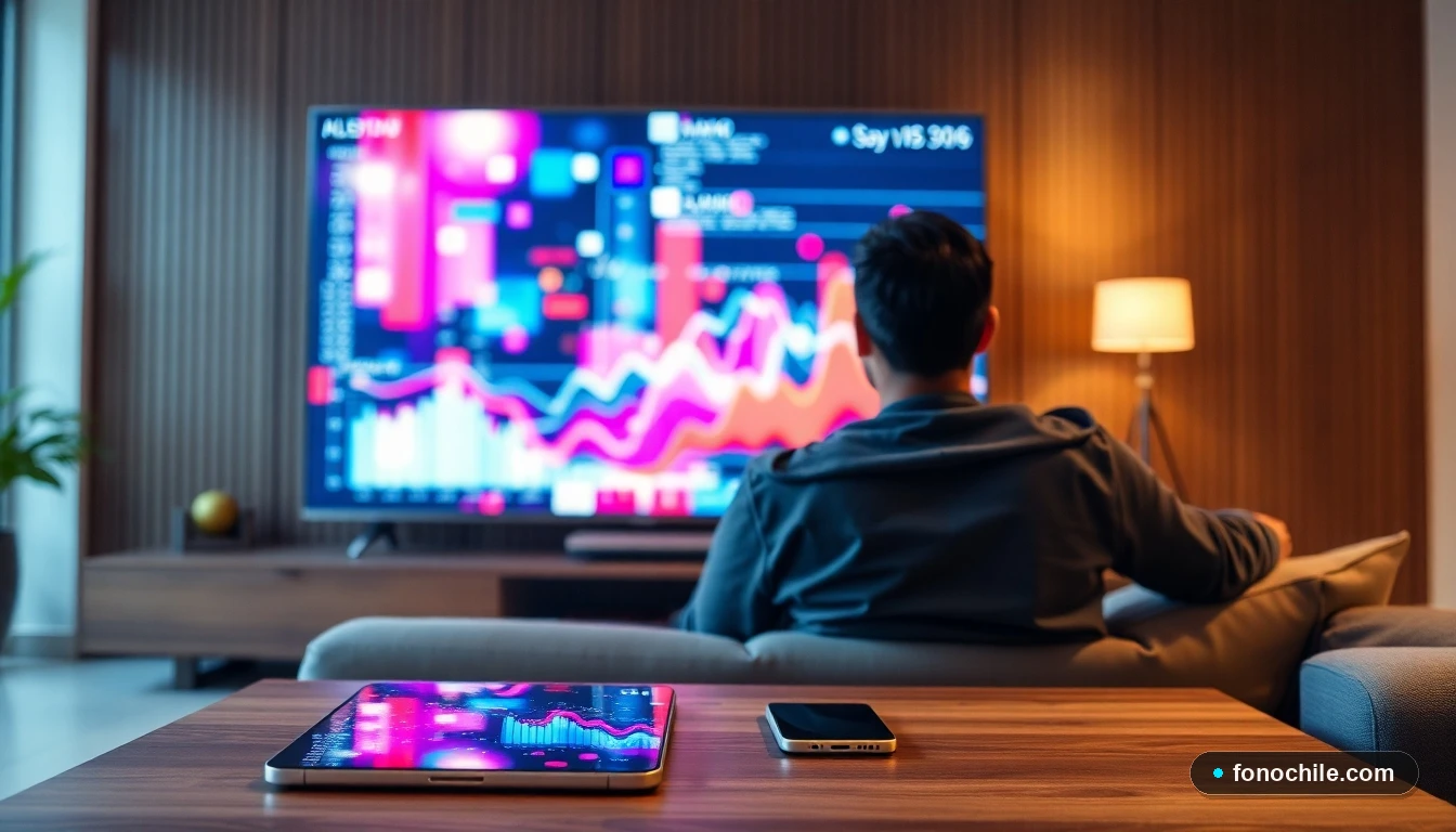 Persona comparando planes de streaming en su sala de estar, con gráficos abstractos en pantallas de TV, tablet y smartphone.