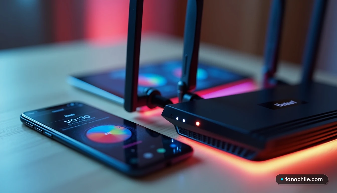 Detalle de router, smartphone y tablet con pantallas mostrando gráficos abstractos, para planes Dúo y Triple de Entel.