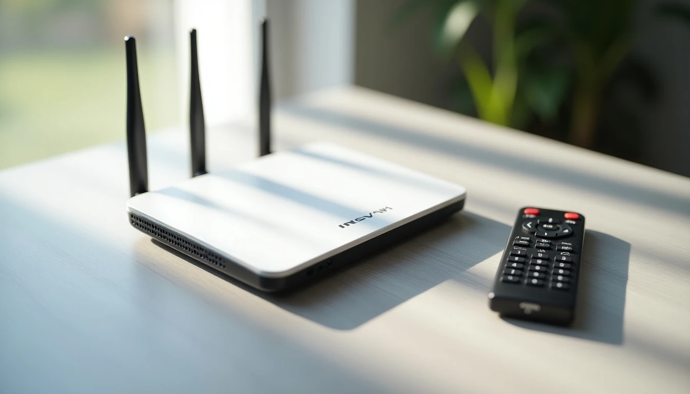 Equipos de conectividad para el hogar: router, control remoto y teléfono inalámbrico sobre una mesa.