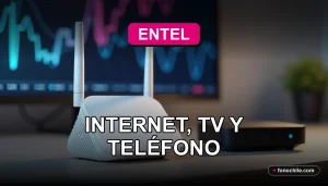 Moderno router y decodificador Entel Hogar sobre una mesa de madera, con gráficos abstractos de colores en una pantalla de fondo.