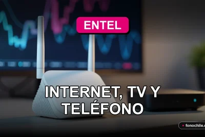 Moderno router y decodificador Entel Hogar sobre una mesa de madera, con gráficos abstractos de colores en una pantalla de fondo.