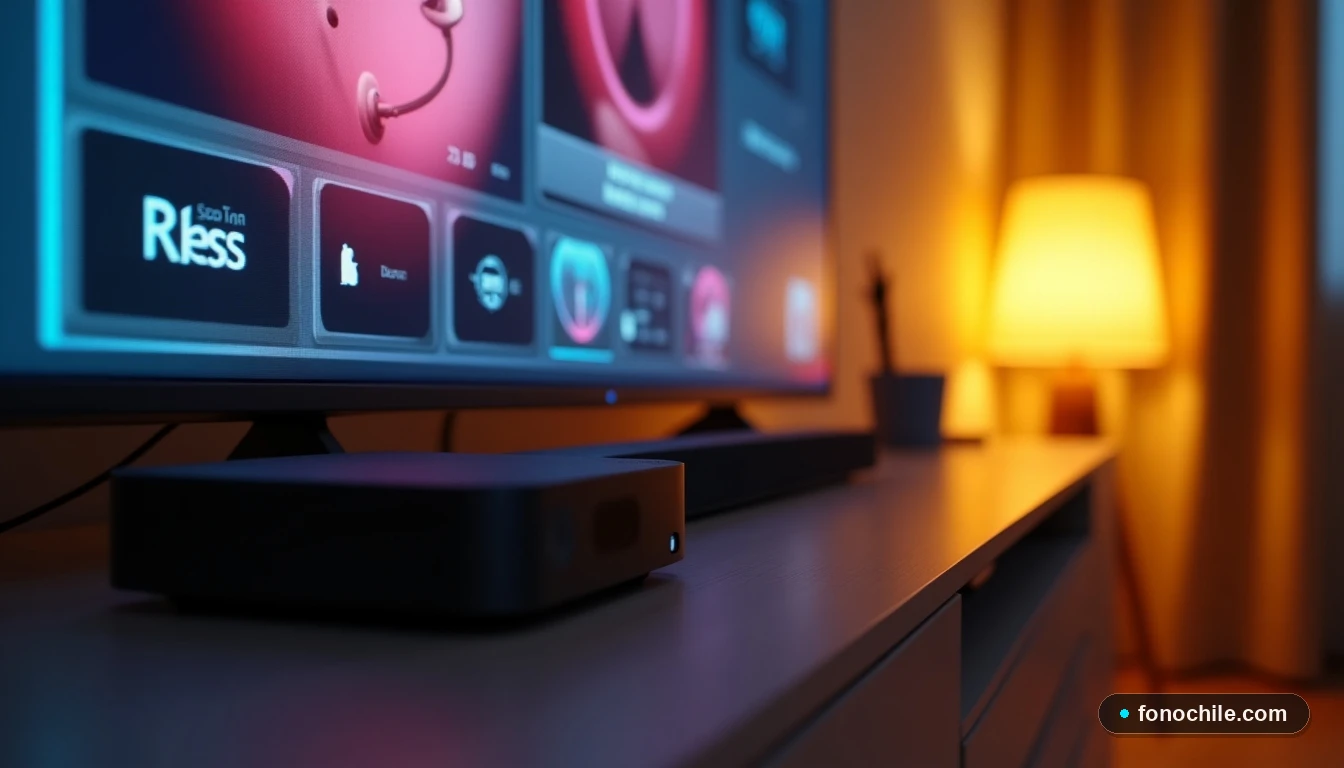 Centro de entretenimiento en una sala de estar moderna con televisor y decodificador Entel, mostrando una interfaz genérica en la pantalla.