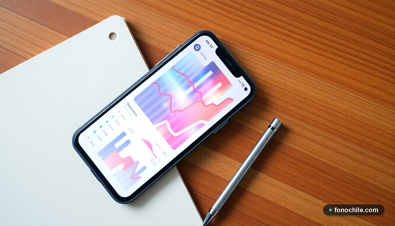 Smartphone mostrando gráficos de datos de gestión empresarial sobre un escritorio de madera.