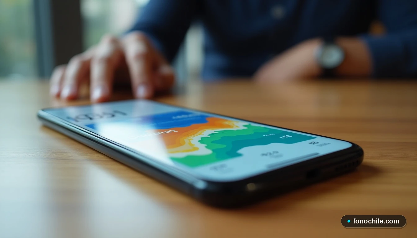 Smartphone mostrando gráficos abstractos de datos de consumo y cobertura de planes móviles en Chile.