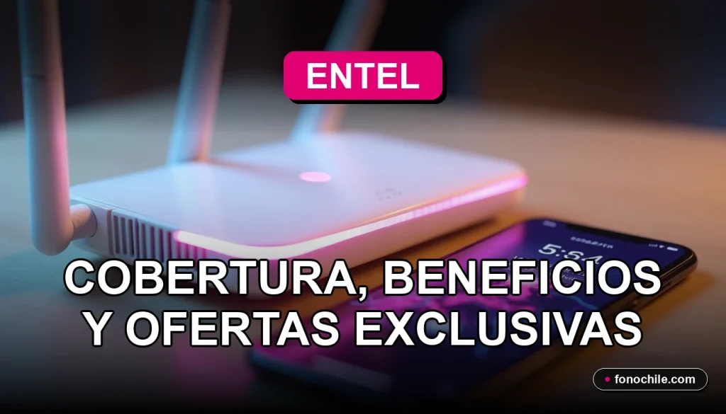 Moderno router 5G y smartphone de Entel sobre una mesa de madera clara, mostrando cobertura de red en gráficos abstractos.