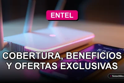 Moderno router 5G y smartphone de Entel sobre una mesa de madera clara, mostrando cobertura de red en gráficos abstractos.