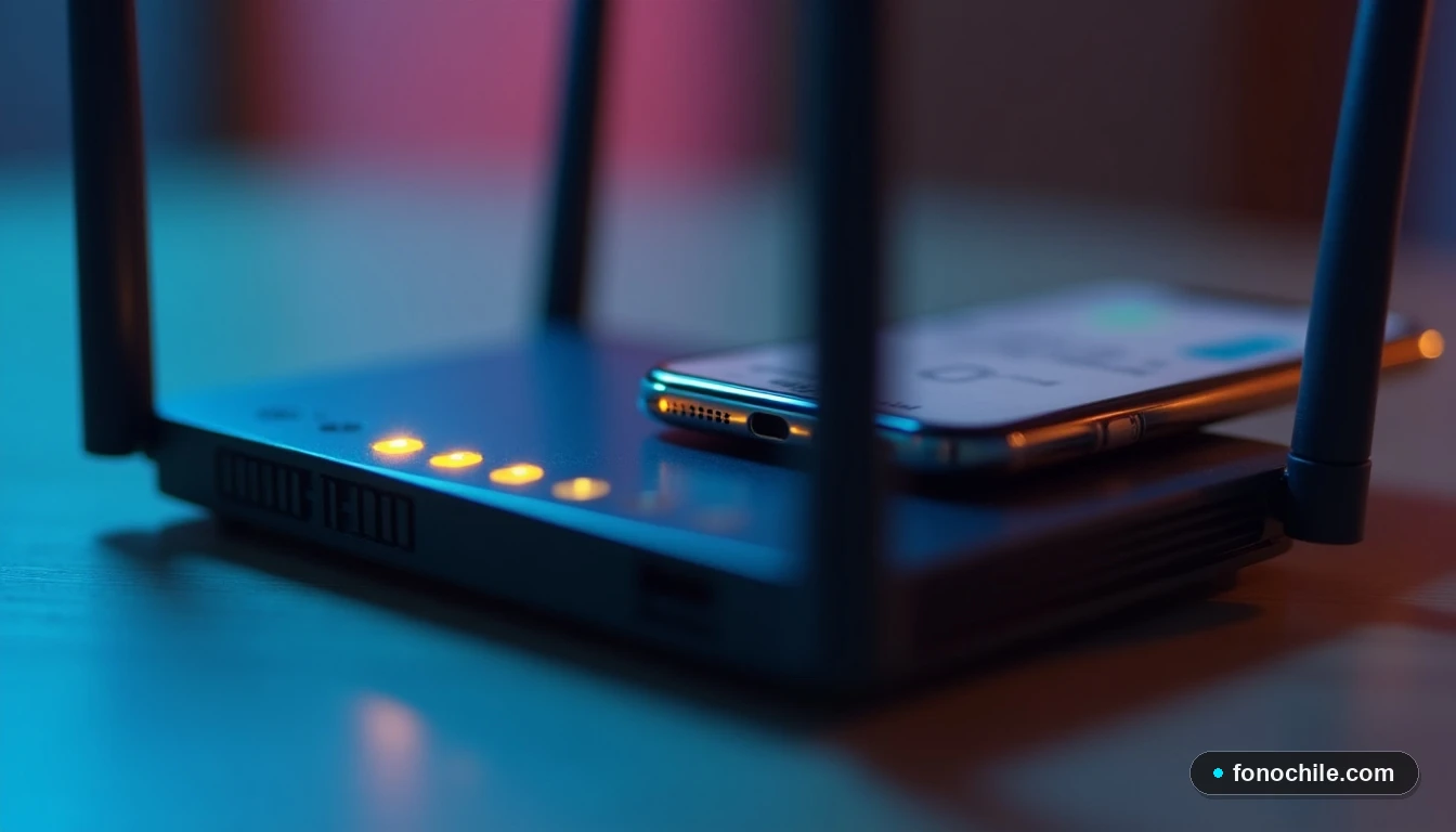 Vista lateral en ángulo bajo de un router y teléfono inteligente de Entel, con luces LED encendidas, sobre fondo desenfocado.