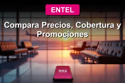 Hombre joven sonriente mirando la pantalla de su smartphone con el logo de Entel, con un avión despegando en el reflejo de sus lentes.