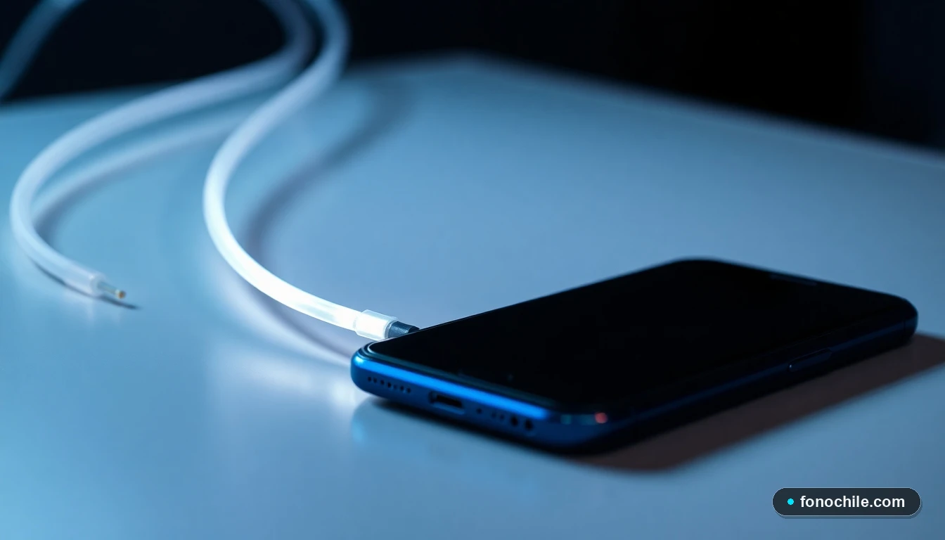 Primer plano de un smartphone moderno y un cable de fibra óptica iluminado, representando la velocidad y cobertura de los planes Entel.