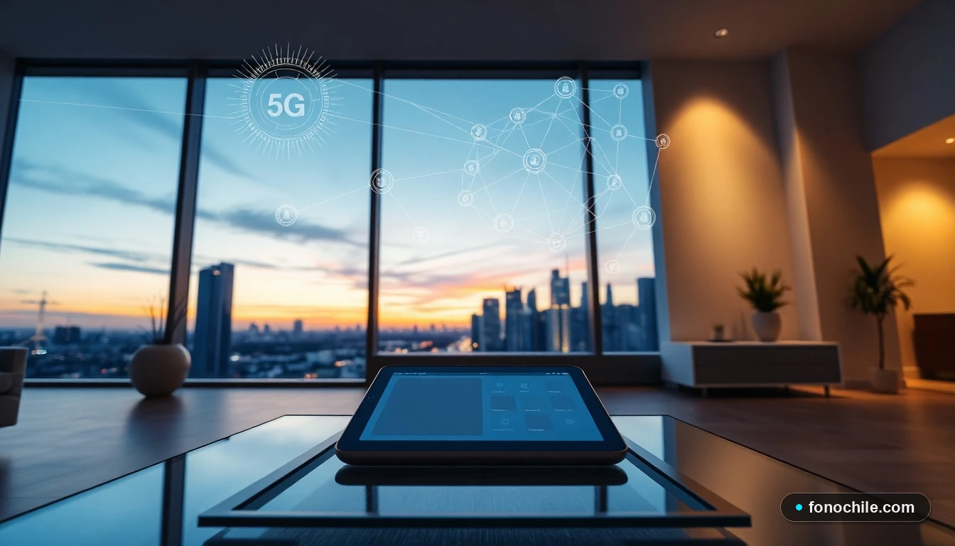 Vista amplia de una sala de estar moderna al atardecer, con una tableta sobre una mesa de centro y una ciudad con superposiciones digitales de red y nodos 5G en el cielo.