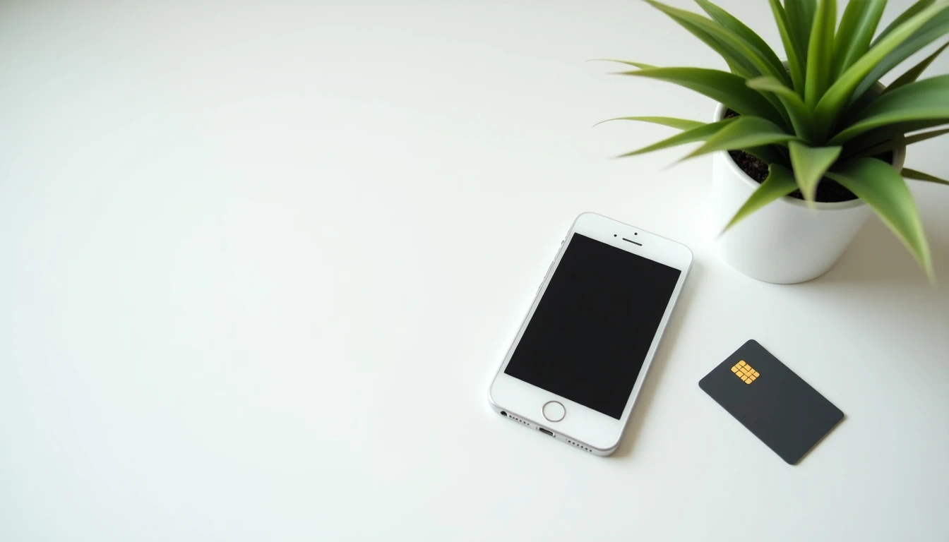 SIM card y teléfono inteligente moderno sobre escritorio, representando la conectividad de Entel.