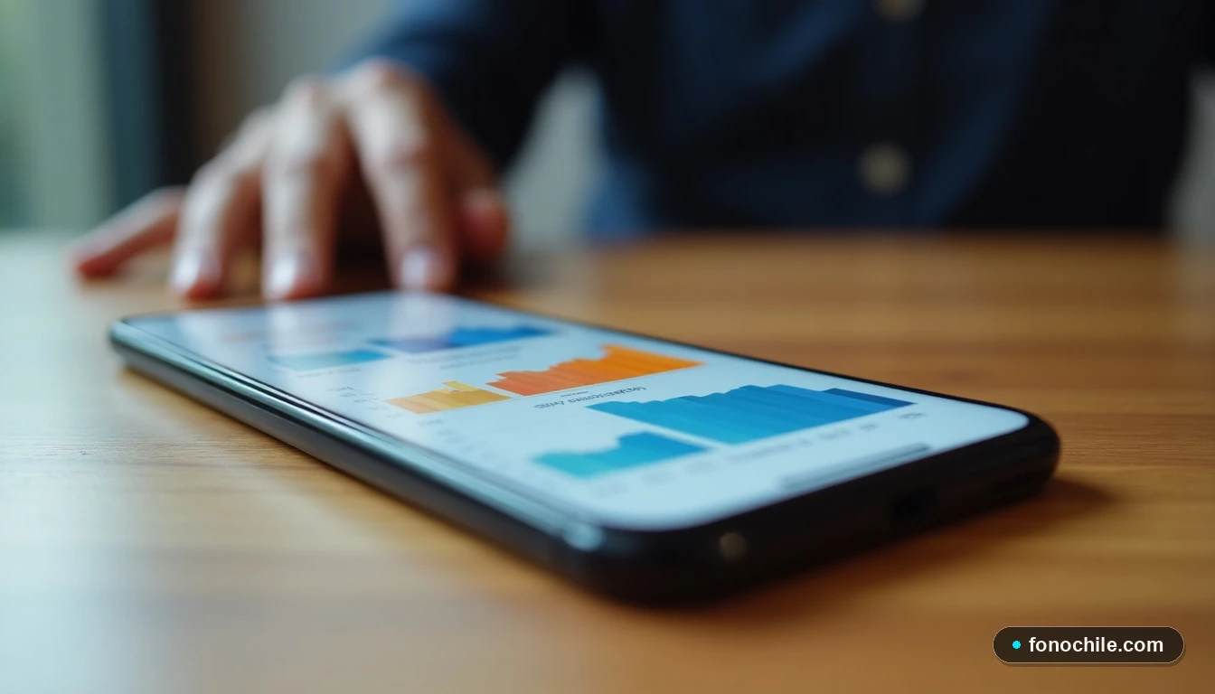 Smartphone mostrando gráficos abstractos de comparación de planes de telefonía móvil en colores vibrantes.