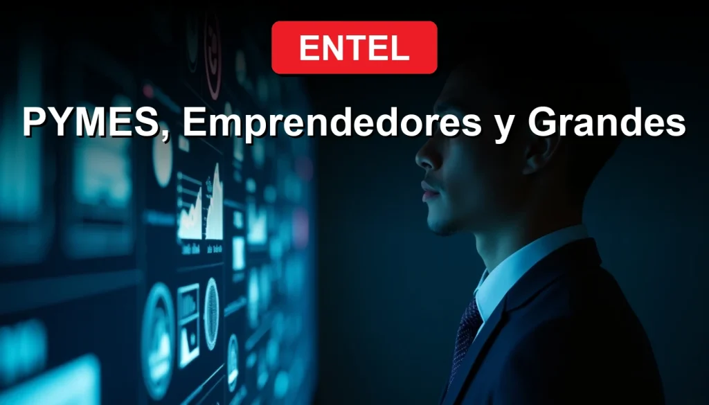 Un ejecutivo observa hologramas de datos de conectividad 5G y fibra óptica de Entel en una oficina moderna.