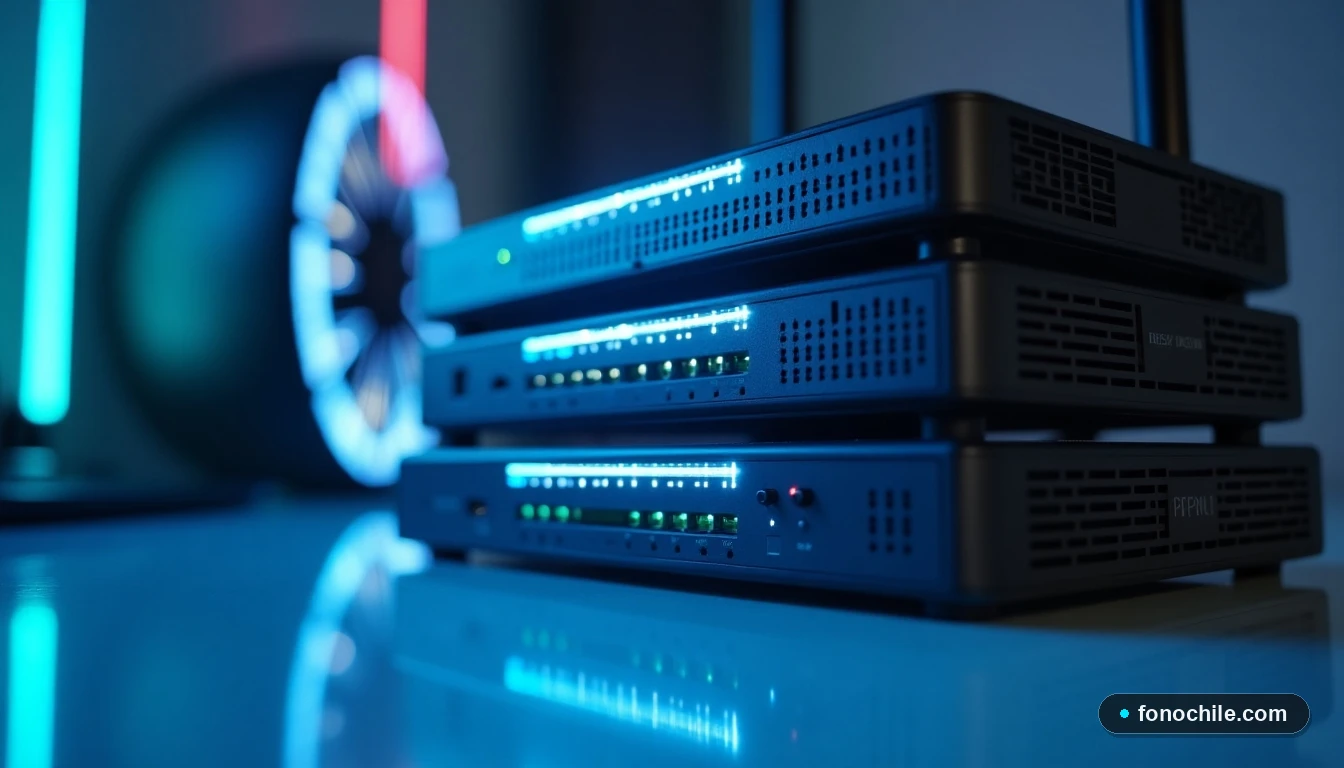 Infraestructura de red y dispositivos de última generación para empresas en un entorno de oficina minimalista.