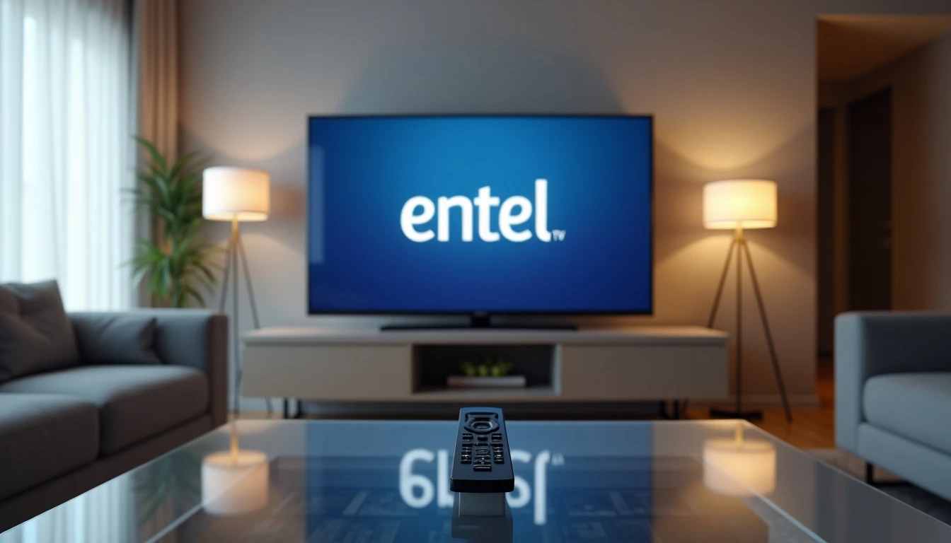 Salón moderno con televisor mostrando la interfaz de Entel TV, representando el entretenimiento en el hogar.