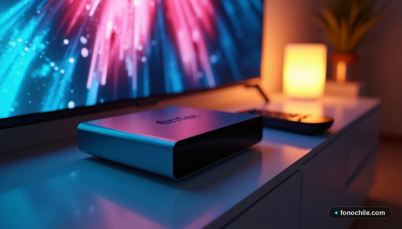 Detalle del decodificador y control remoto de Entel TV en salón moderno con pantalla de TV al fondo.