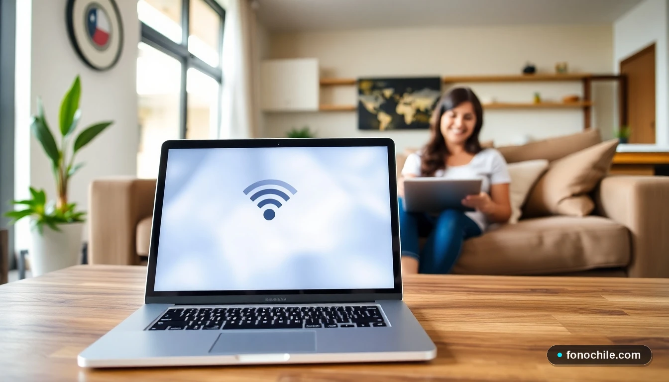 Familia chilena disfrutando de un plan de internet hogareño en su sala de estar moderna