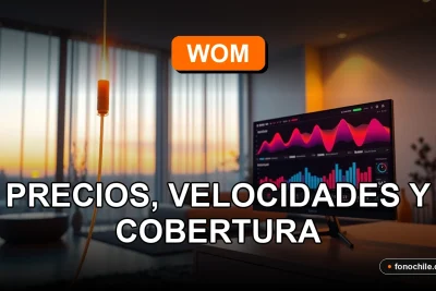 Fibra óptica WOM iluminando un hogar moderno con gráficos abstractos de velocidad en una pantalla.