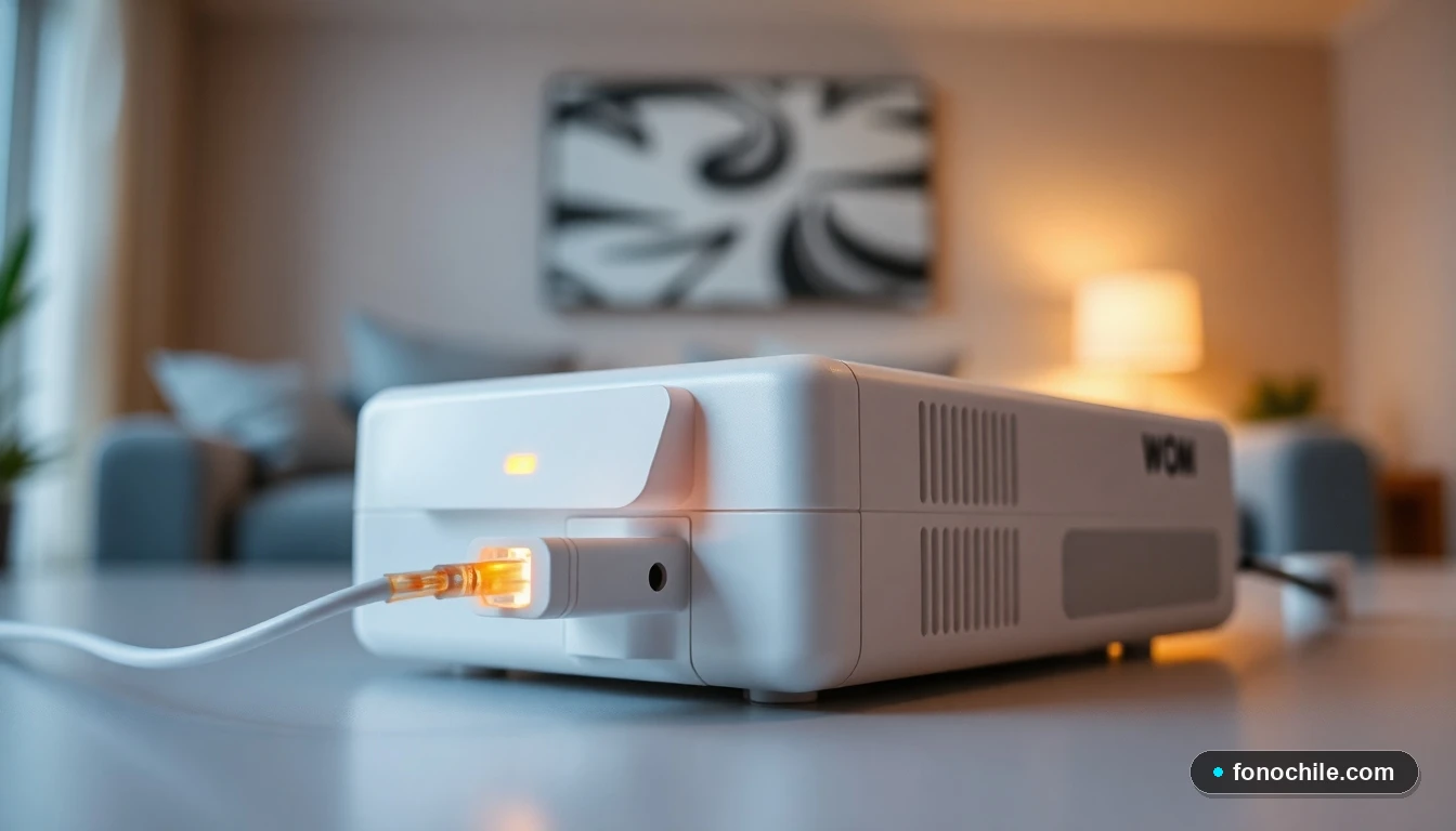 Primer plano detallado del moderno terminal de fibra óptica WOM con su luz LED naranja característica, conectado a un cable de luz.