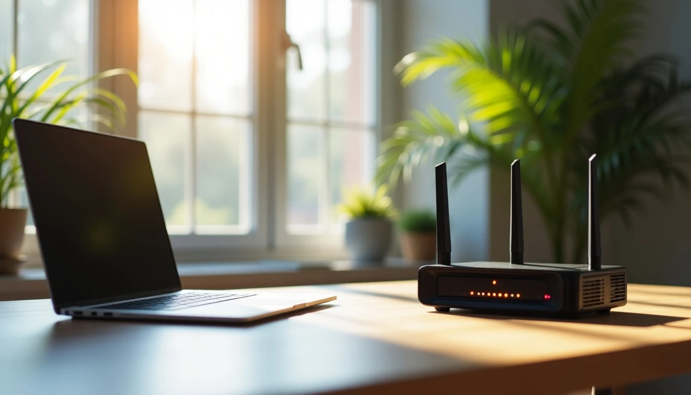 Oficina moderna con laptop y router GTD, representando conectividad empresarial eficiente.