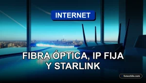 Fibra óptica empresarial y conexión satelital Starlink para empresas en 2026, representadas por un cable de fibra óptica brillante y un router moderno en una mesa de oficina minimalista.
