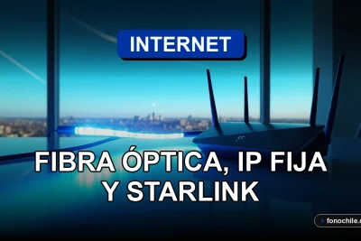 Fibra óptica empresarial y conexión satelital Starlink para empresas en 2026, representadas por un cable de fibra óptica brillante y un router moderno en una mesa de oficina minimalista.