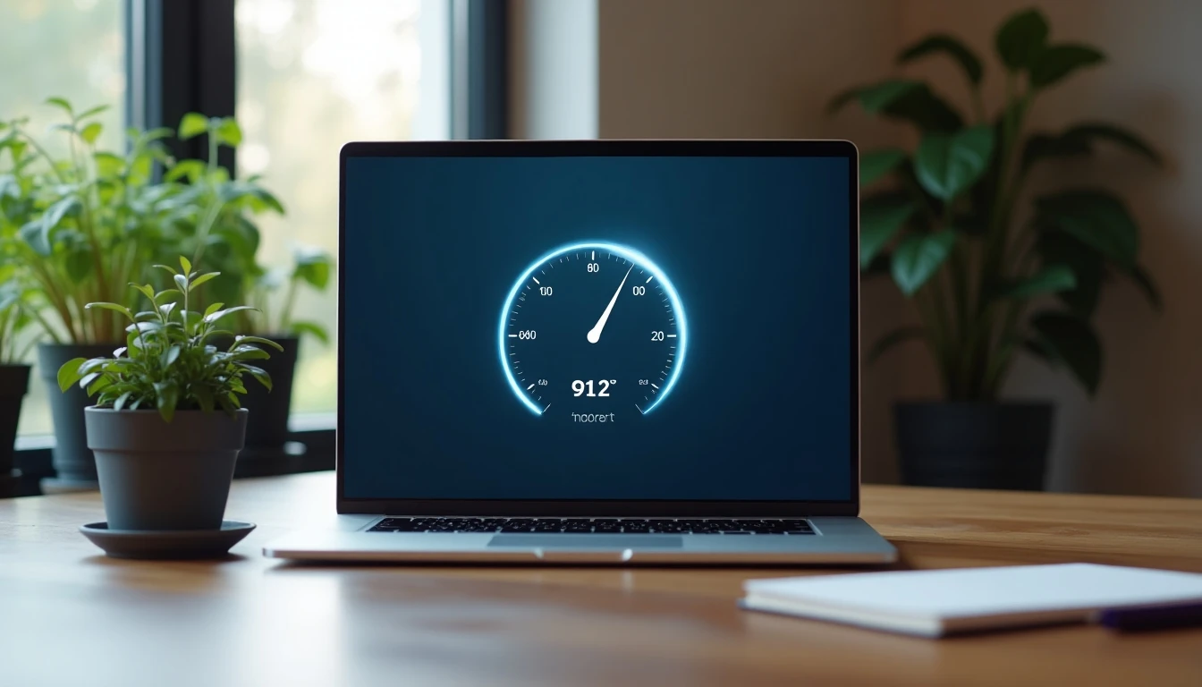 Oficina moderna con laptop mostrando prueba de velocidad de internet GTD para empresas