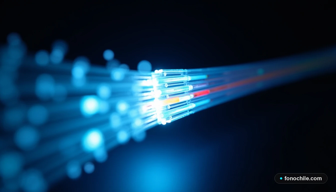 Detalle macro del núcleo de un cable de fibra óptica de GTD iluminado, representando la velocidad de transmisión de datos para empresas.