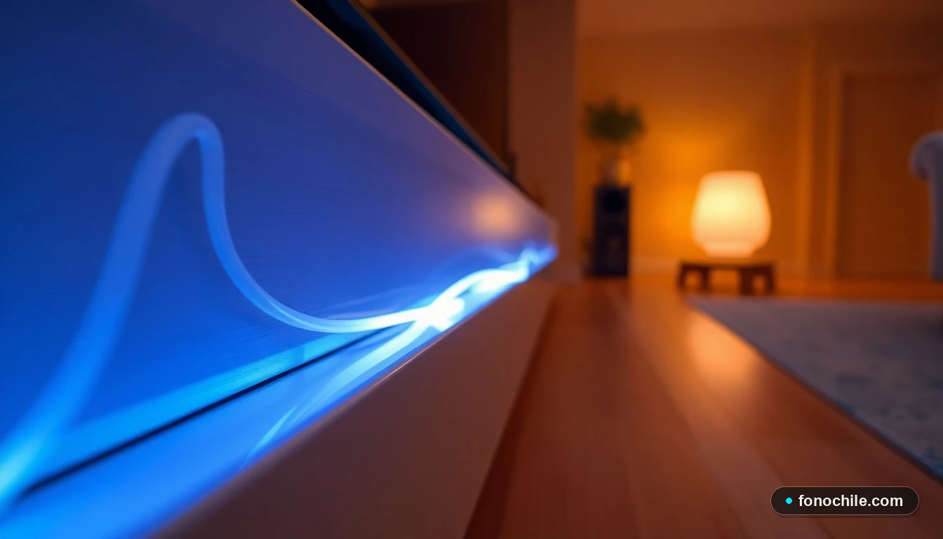 Detalle de cableado de fibra óptica iluminado en un entorno doméstico moderno, representando la tecnología de GTD.