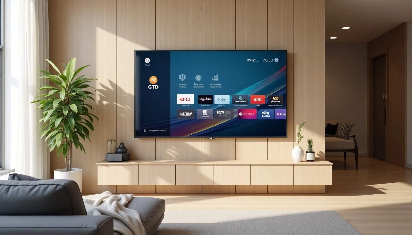 Interior de sala moderna con televisor inteligente mostrando la interfaz de GTD TV, representando el entretenimiento en el hogar.