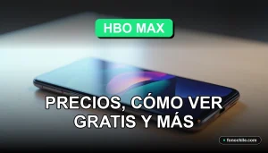 Un teléfono inteligente moderno descansa sobre una mesa de madera clara, su pantalla muestra gráficos abstractos de colores, representando el acceso a HBO Max.